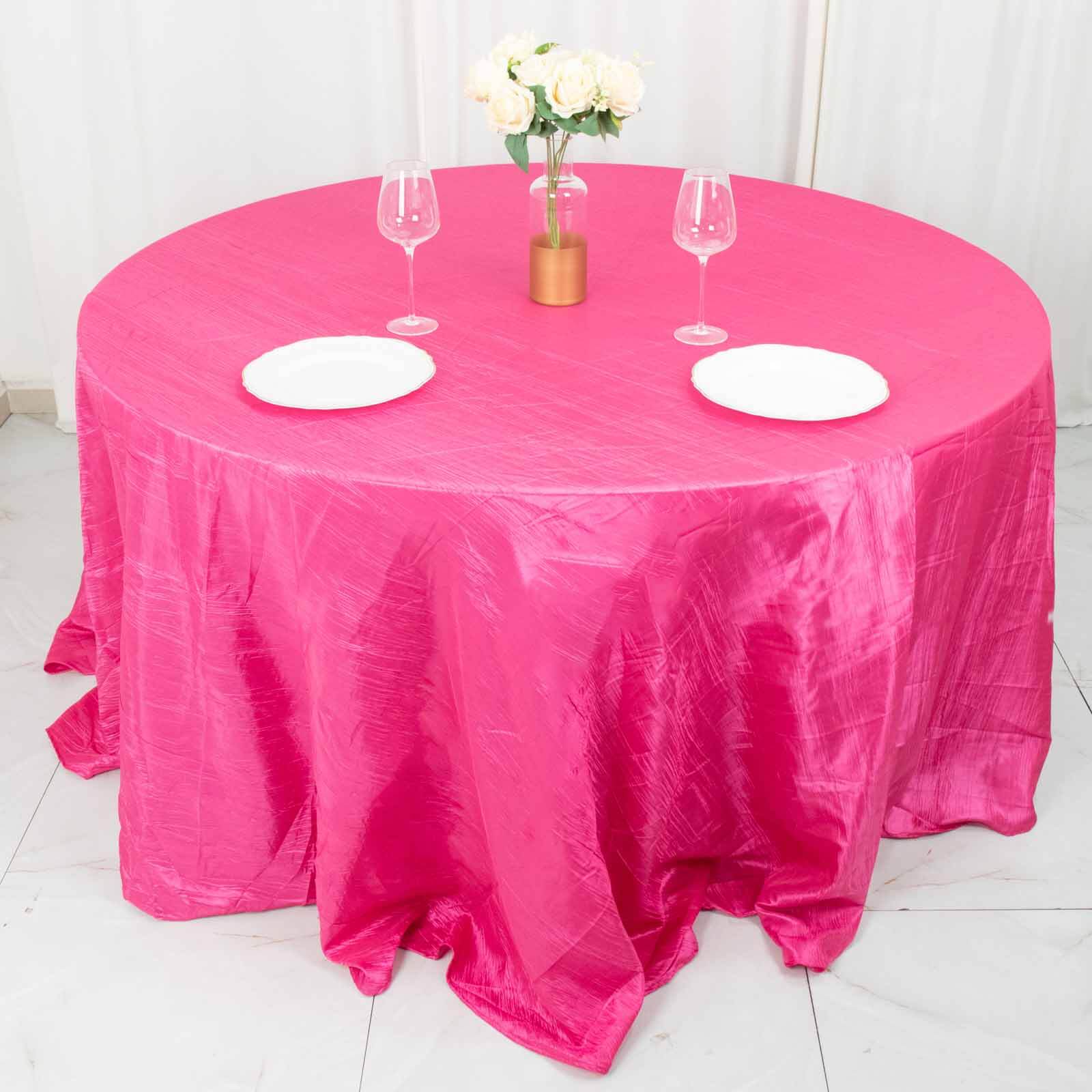 Taffeta 132" Round Tablecloth Fuchsia - Seamless Accordion Crinkle Table Cover