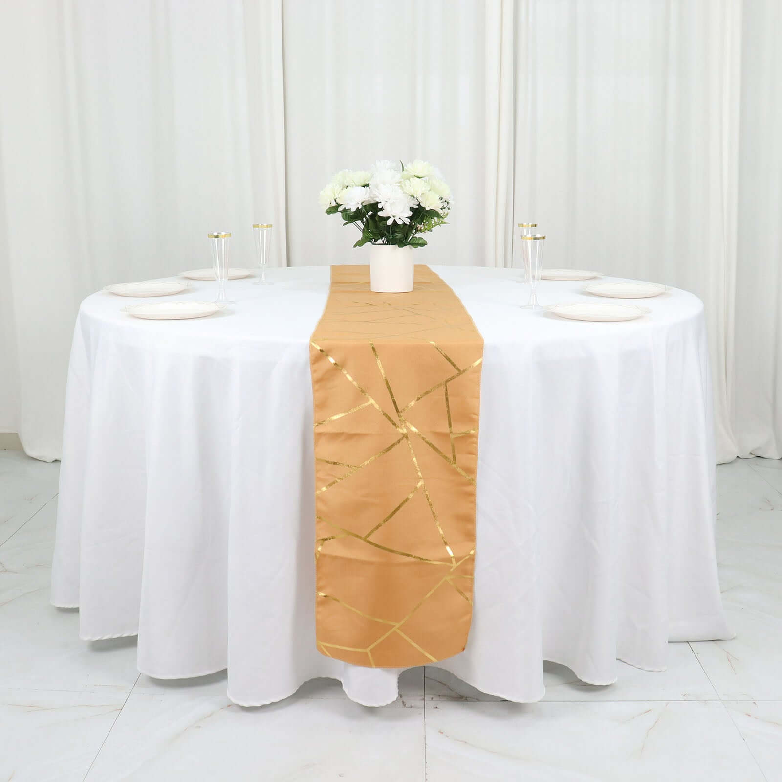 Polyester 9ft Table Runner Gold with Gold Foil Geometric Pattern - Modern & Stylish Table Decor