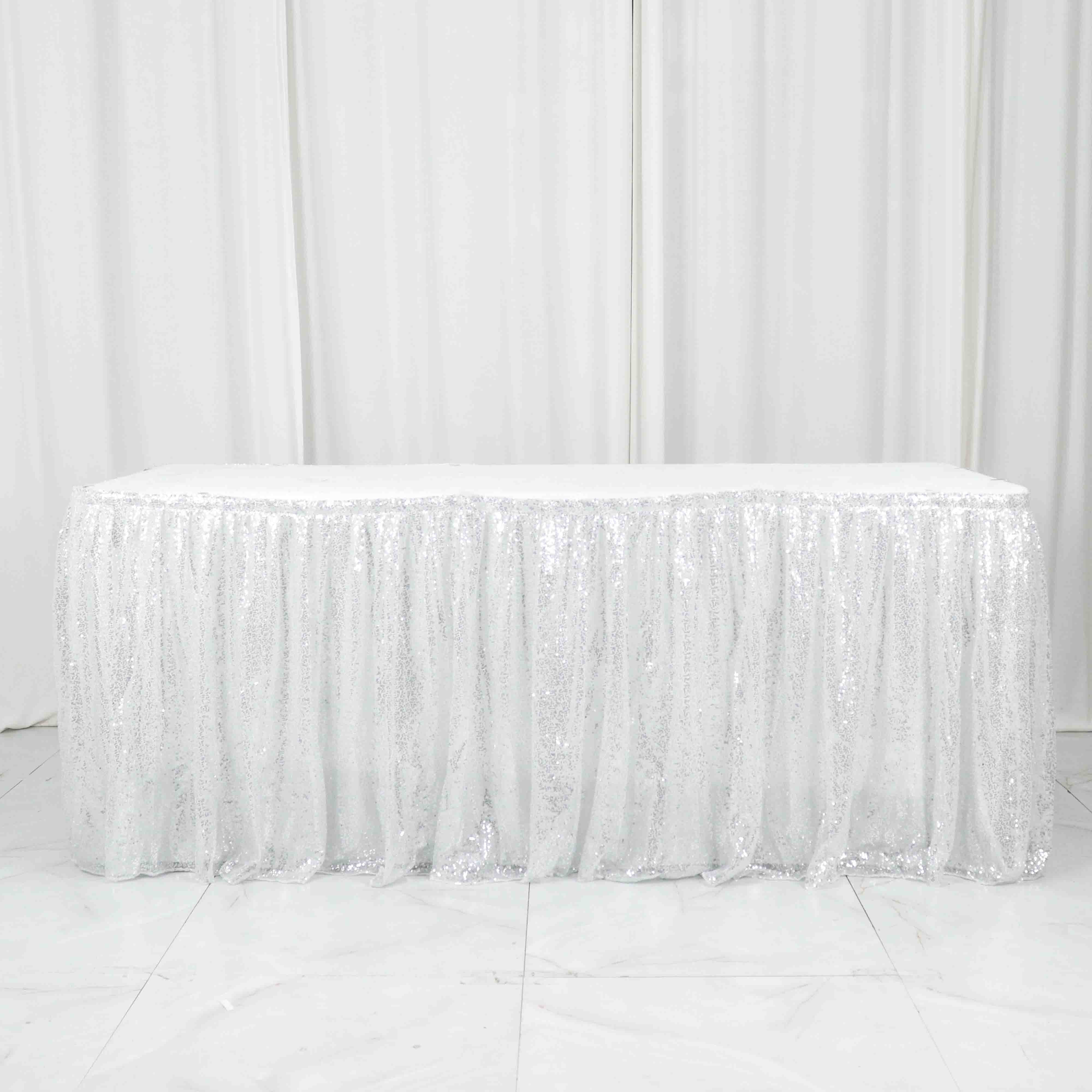 Sequin 17ft Table Skirt Silver - Pleated Satin With Top Velcro Strip