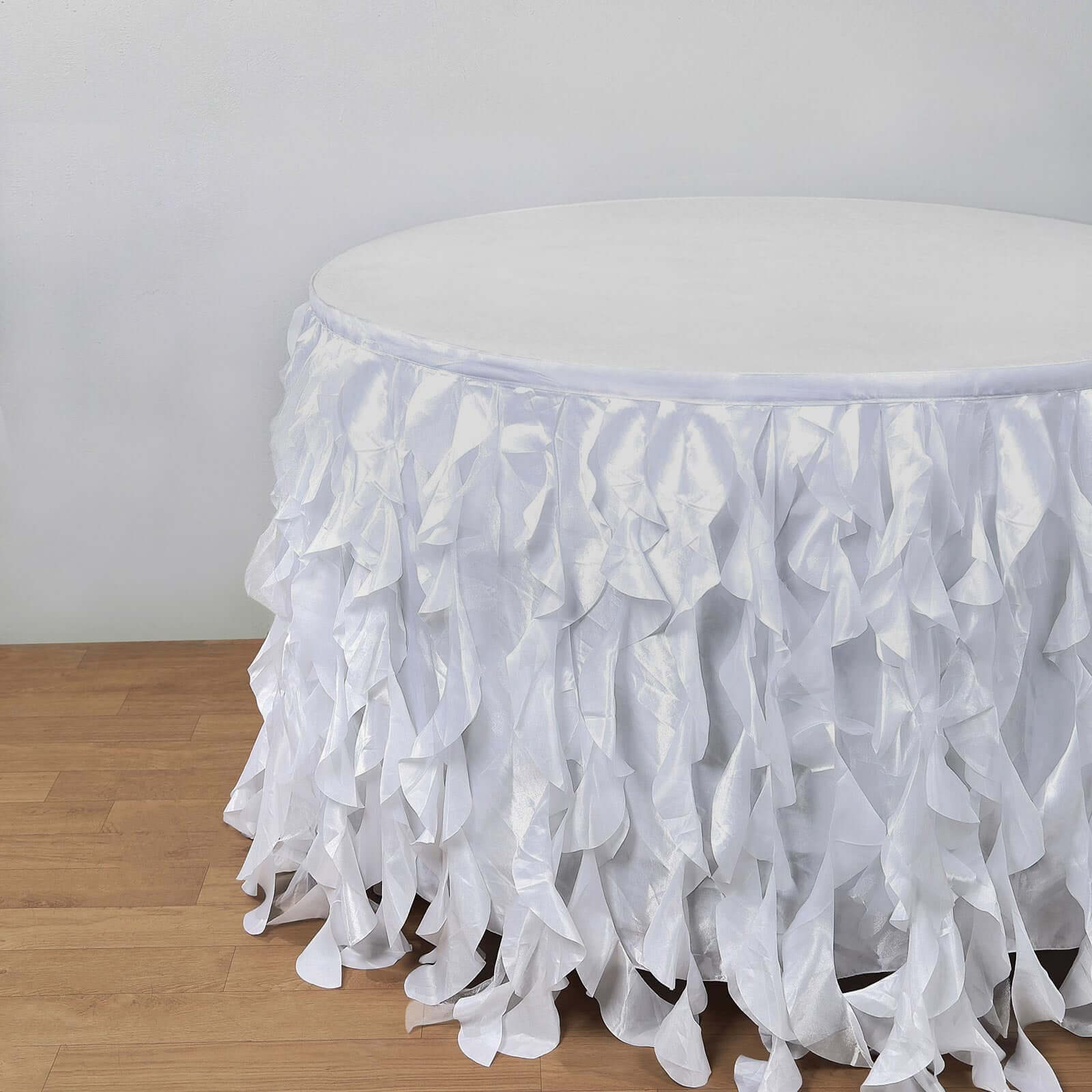 Taffeta 17ft Table Skirt White Cascading Curly Willow Style for Weddings & Banquets