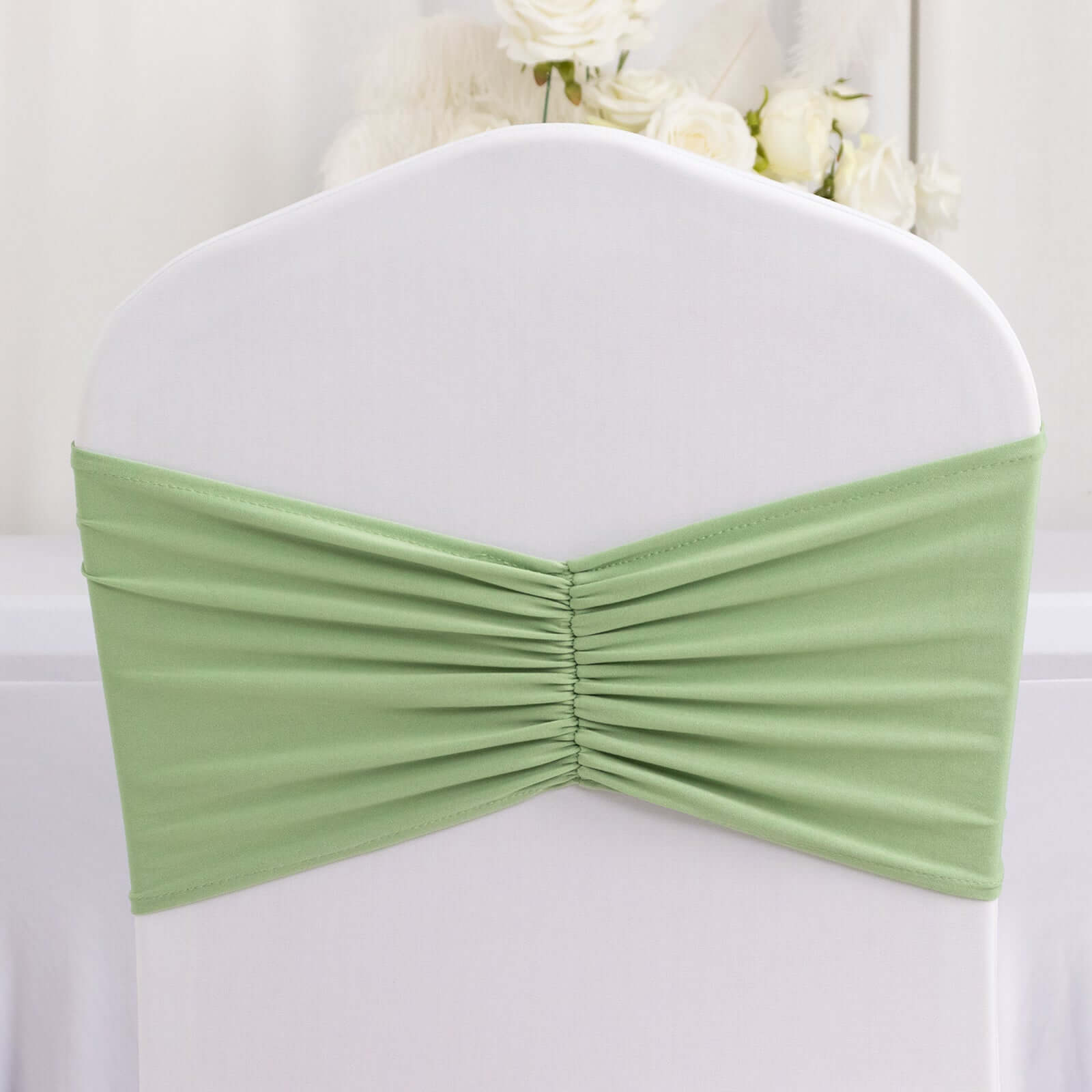 5 Pack Spandex Chair Sashes Sage Green Ruffled Style - Wide Easy to Use Stretch Chair Bands 8"x13"