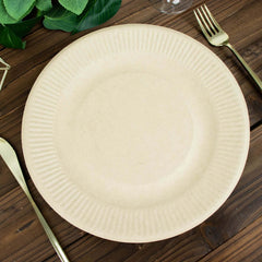 50-Pack Bagasse 10" Round Dinner Plates in Natural with Ribbed Rim - Eco Friendly Biodegradable Sugarcane Party Plates for Events