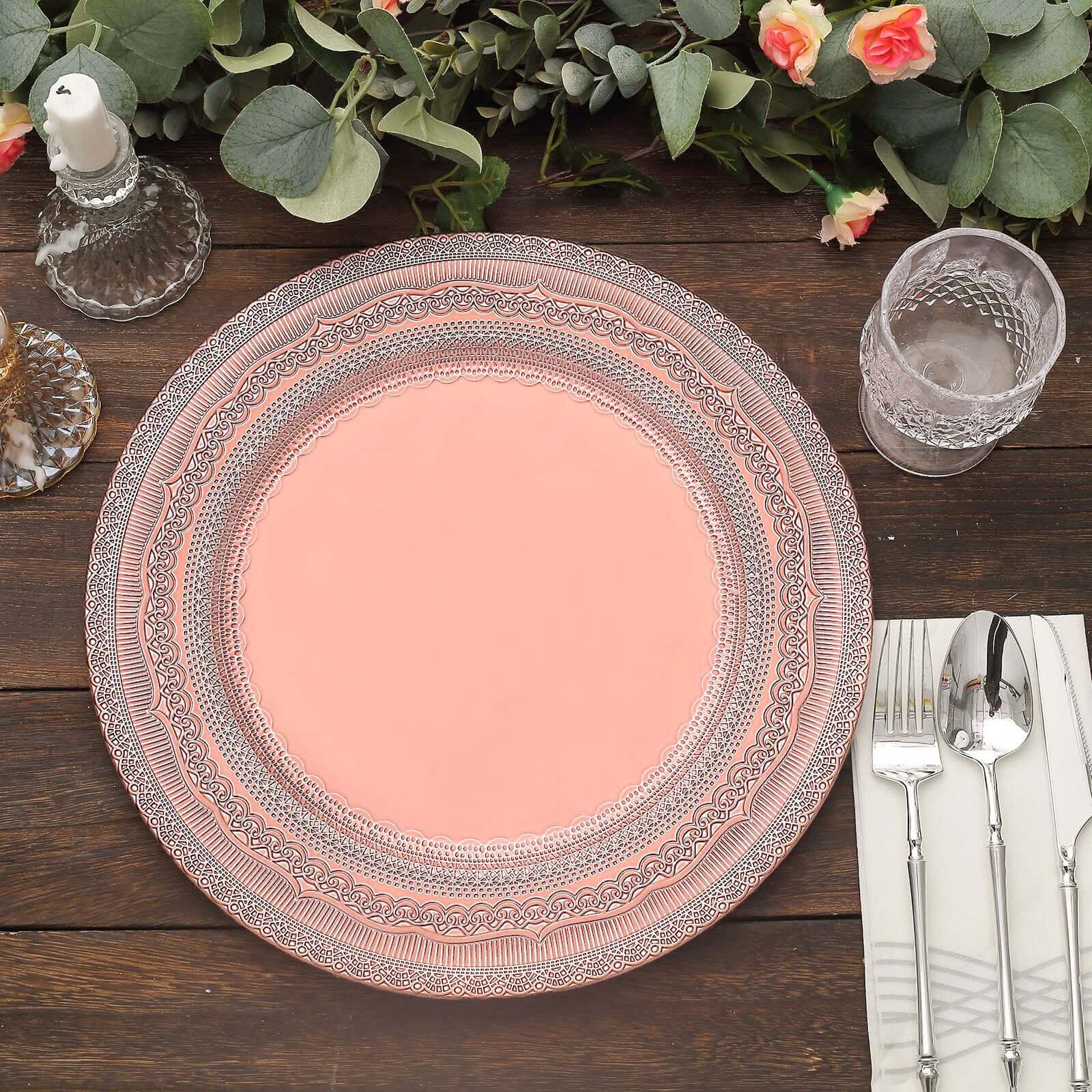 6-Pack Acrylic Round Charger Plates 13" in Rose Gold with Lace Embossed Rim, Rustic Plastic Decorative Charger Tableware