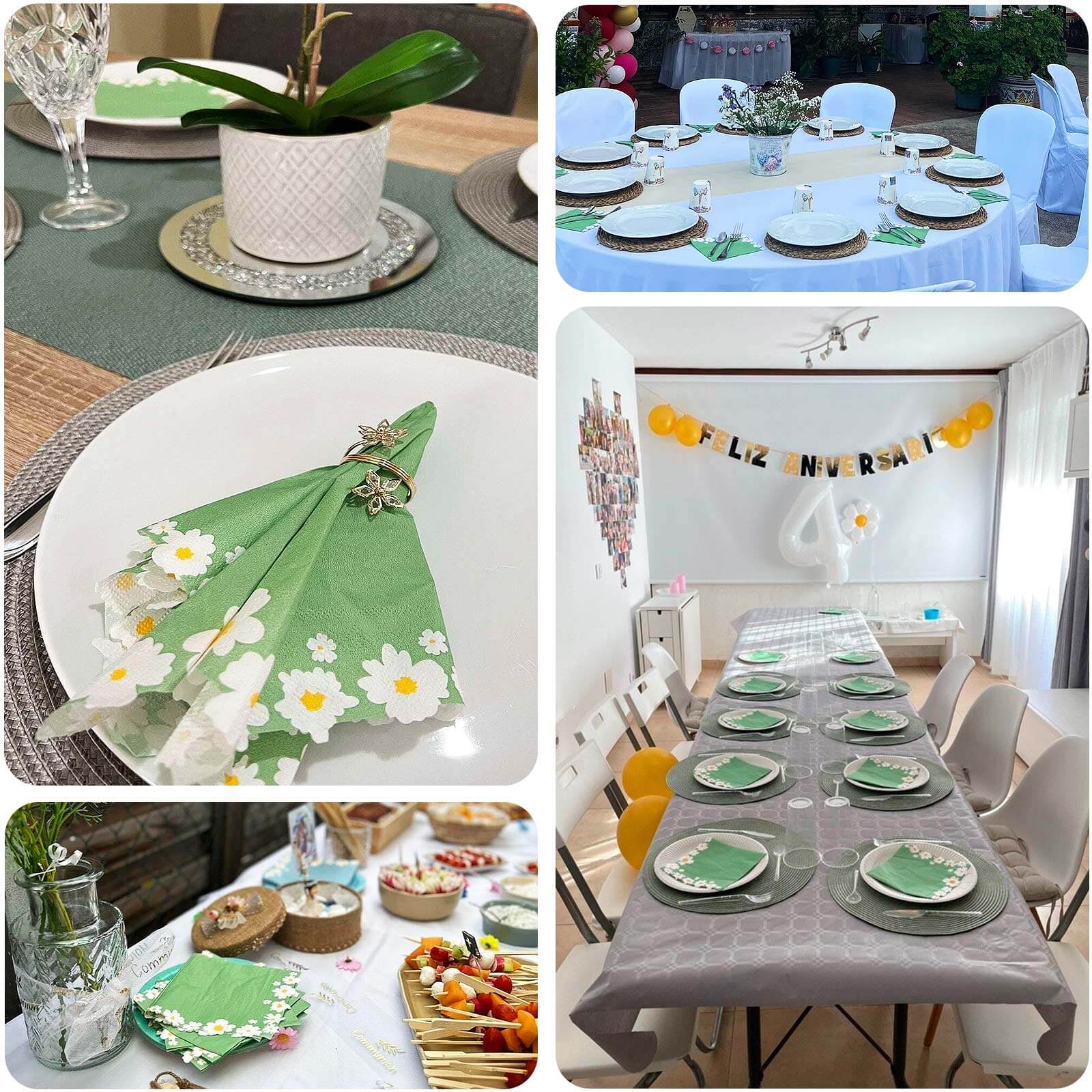 20-Pack Paper Beverage Napkins with Daisy Flower Design Sage Green - 2 Ply Soft 18GSM Floral Wedding Napkins 6.5"x6.5"