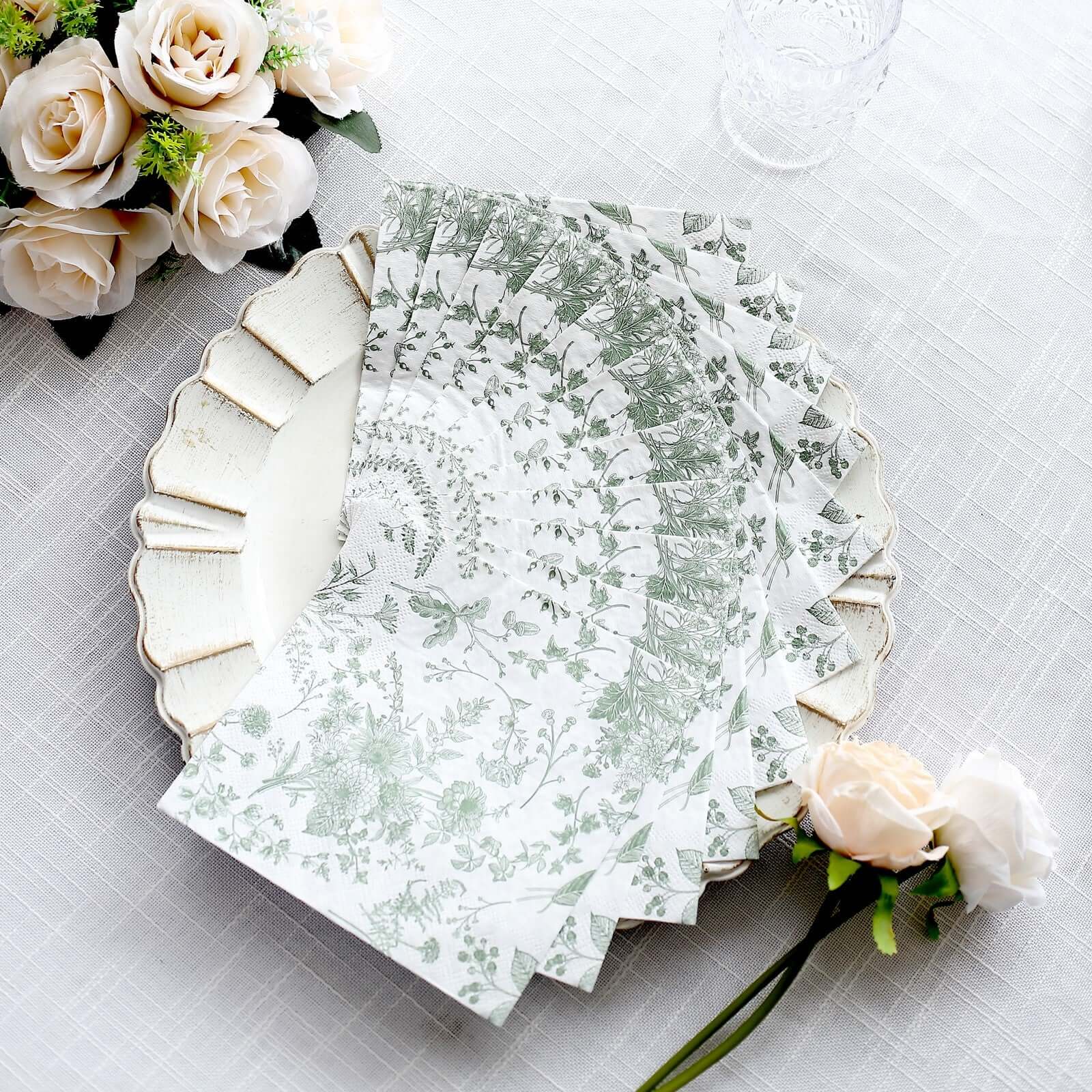 20-Pack Paper Cocktail Napkins with French Toile Print White/Sage Green - Disposable 2 Ply Beverage Napkins for Events 6.5"x6.5"