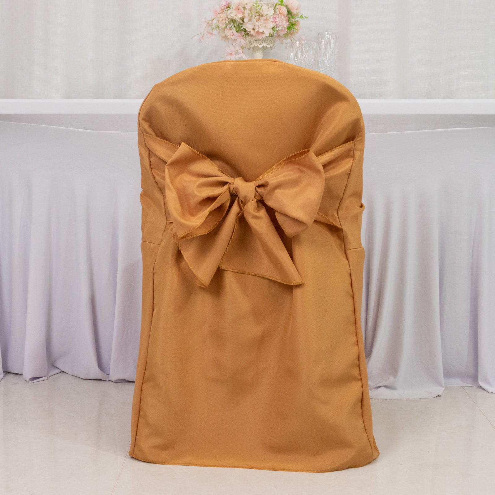 10-Pack Polyester Slip-On Folding Chair Covers with Attached Sashes – Gold Durable Reusable Covers for Wedding & Event Decor