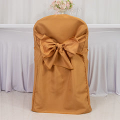 10-Pack Polyester Slip-On Folding Chair Covers with Attached Sashes – Gold Durable Reusable Covers for Wedding & Event Decor