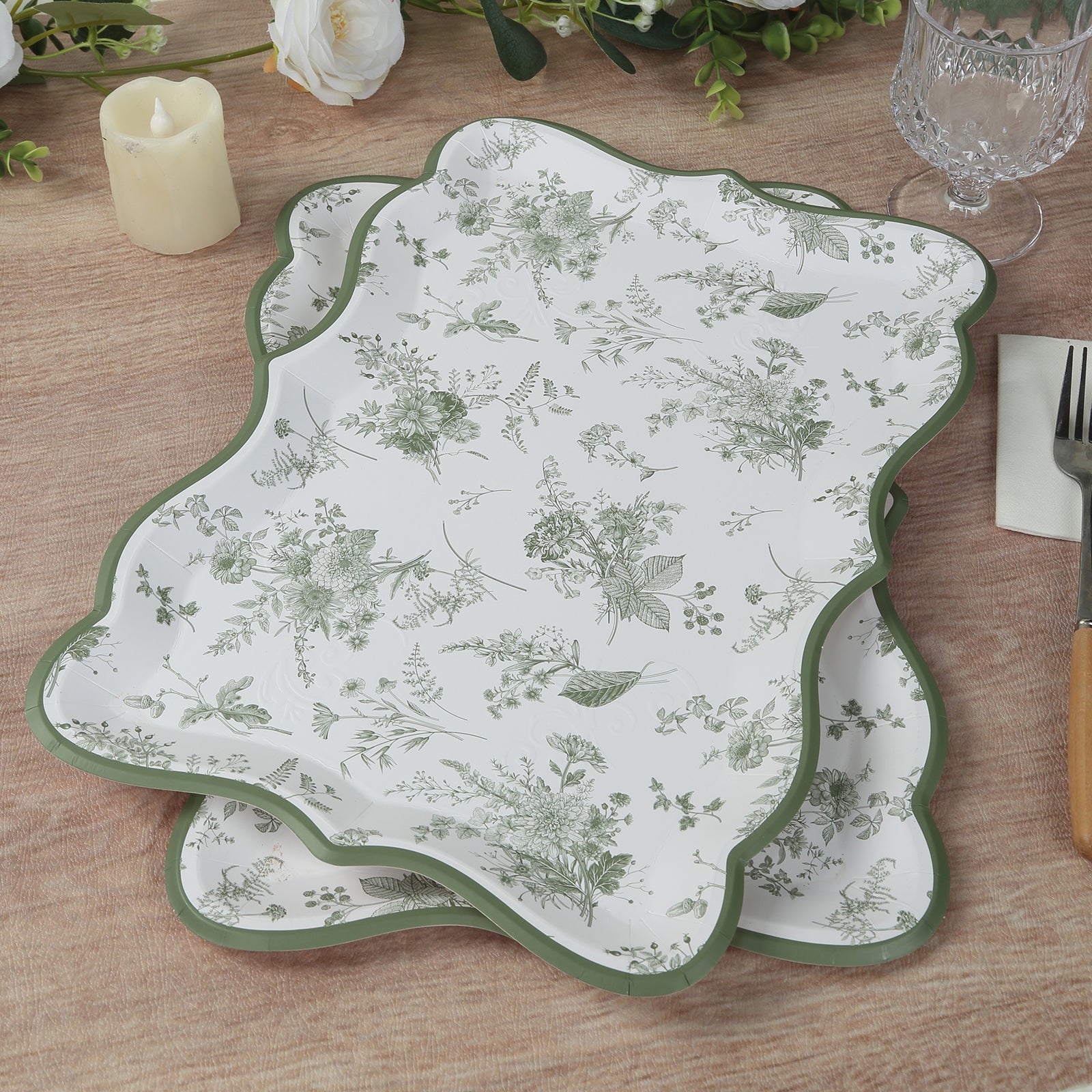 10-Pack Paper 14"x10" Rectangle Serving Trays White/Sage Green with French Toile Pattern for Weddings & Parties