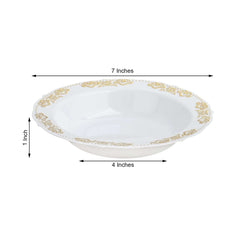 10-Pack Plastic Round Soup Bowl in White with Gold Embossed Scalloped Rim - Sturdy Disposable Salad Dessert Bowls for Catering & Events 12oz