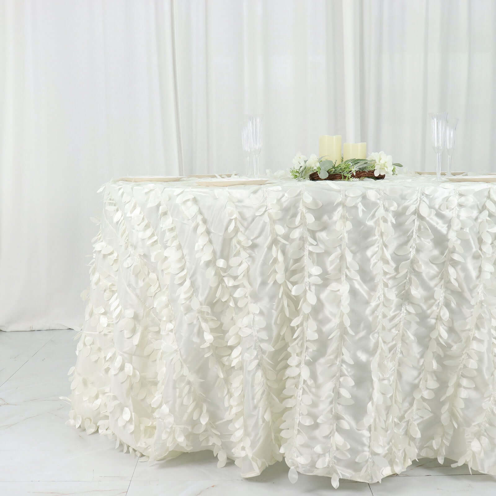 Taffeta 132" Round Tablecloth Ivory | 3D Leaf Petal Design Seamless Table Cover