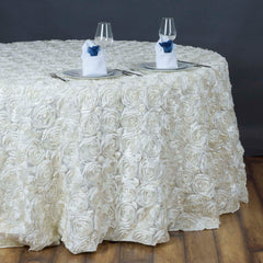 Satin 132" Round Tablecloth Ivory - Seamless Grandiose 3D Rosette Table Cover