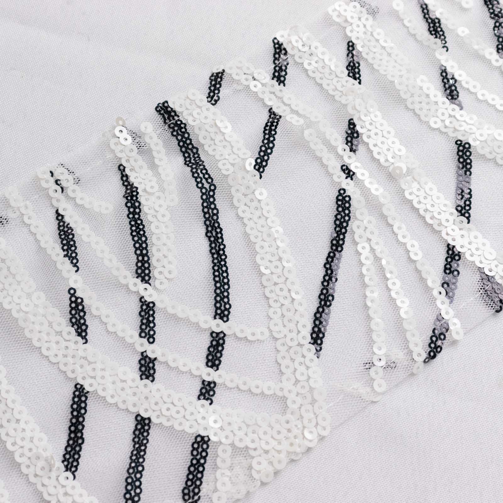 5 Pack Chair Sashes with Wave Embroidered Sequins White/Black 6"x88" - Stylish Glittering Decor for Weddings