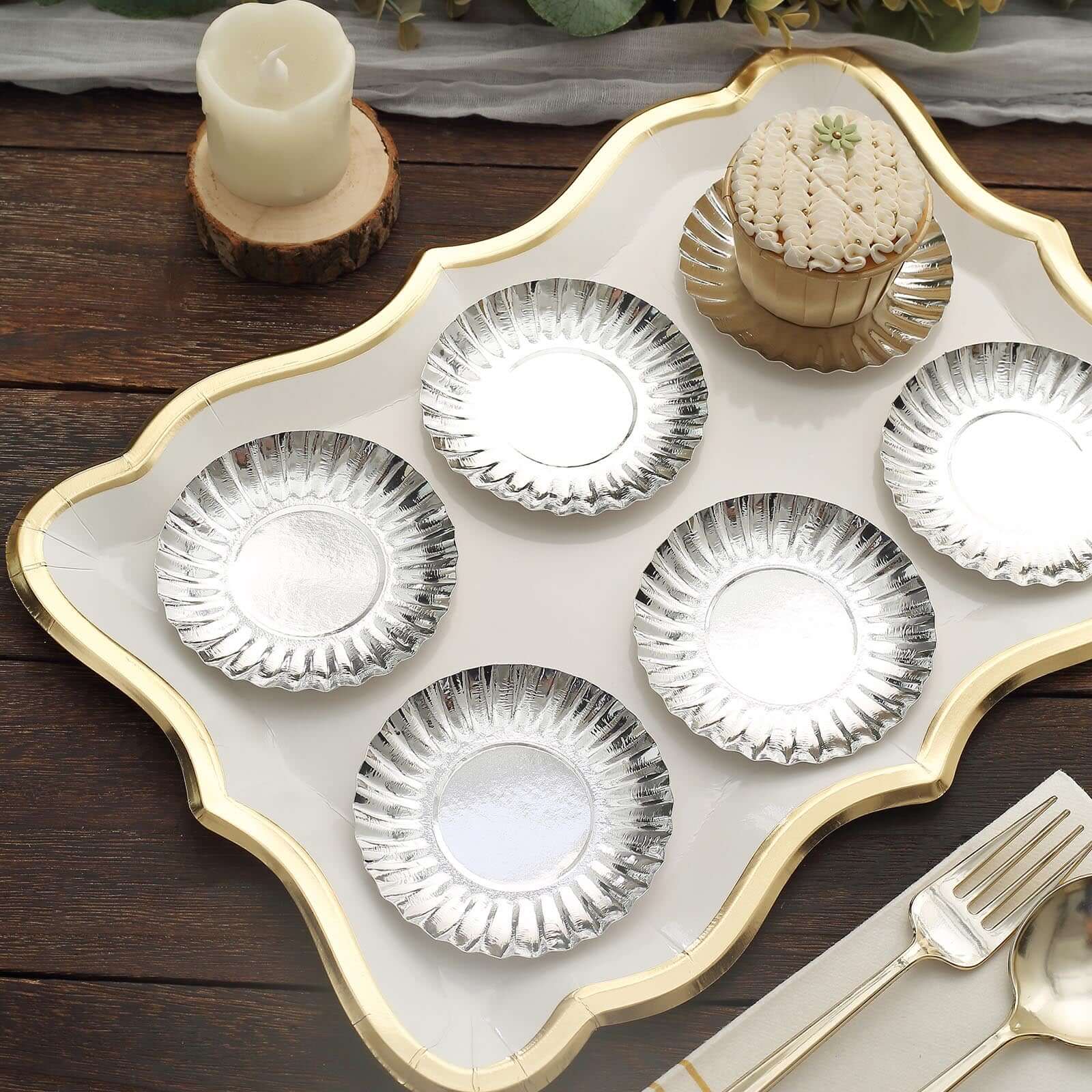 50-Pack Paper 3.5" Round Party Plates in Metallic Silver with Scalloped Rim - Disposable Mini 250GSM Dessert Plates for Tapas, Appetizers & Finger Foods