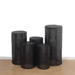 Set of 5 Black Sequin Mesh Cylinder Pedestal Stand Covers with Geometric Pattern Embroidery, Sparkly Sheer Tulle Pillar Prop Covers