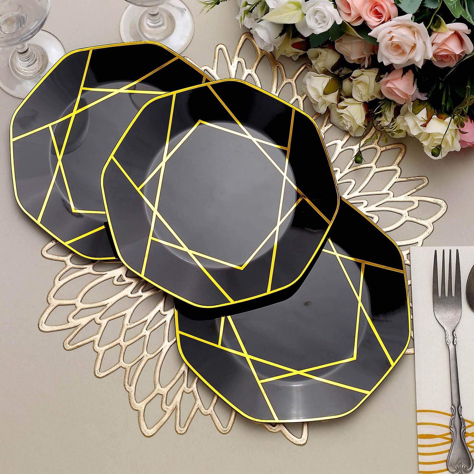 10-Pack Plastic 8" Octagon Dessert Plates in Black - Modern Disposable Salad/Appetizer Plates with Gold Geometric Design for Special Occasions & Celebrations