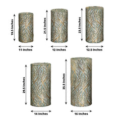 Set of 5 Hunter Green Wave Mesh Cylinder Pedestal Stand Covers with Embroidered Sequins, Emerald Pillar Prop Covers - 160 GSM