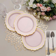 10-Pack Plastic 8" Round Dessert Plates in Blush with Gold Scalloped Rim - Disposable Appetizer/Salad Plates