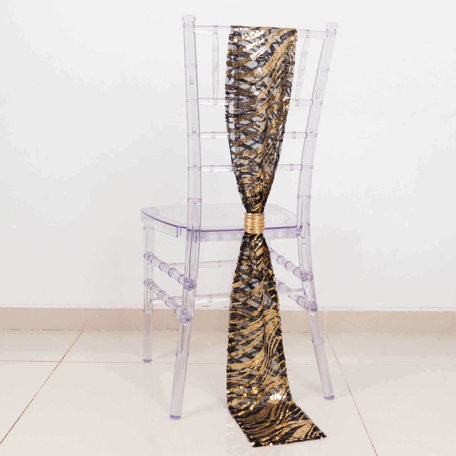 5 Pack Chair Sashes with Wave Embroidered Sequins Black/Gold 6"x88" - Stylish Glittering Decor for Weddings