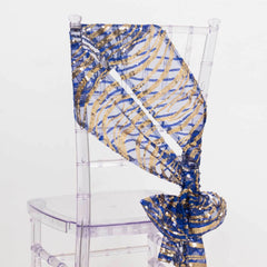 5 Pack Chair Sashes with Wave Embroidered Sequins Royal Blue/Gold 6"x88"