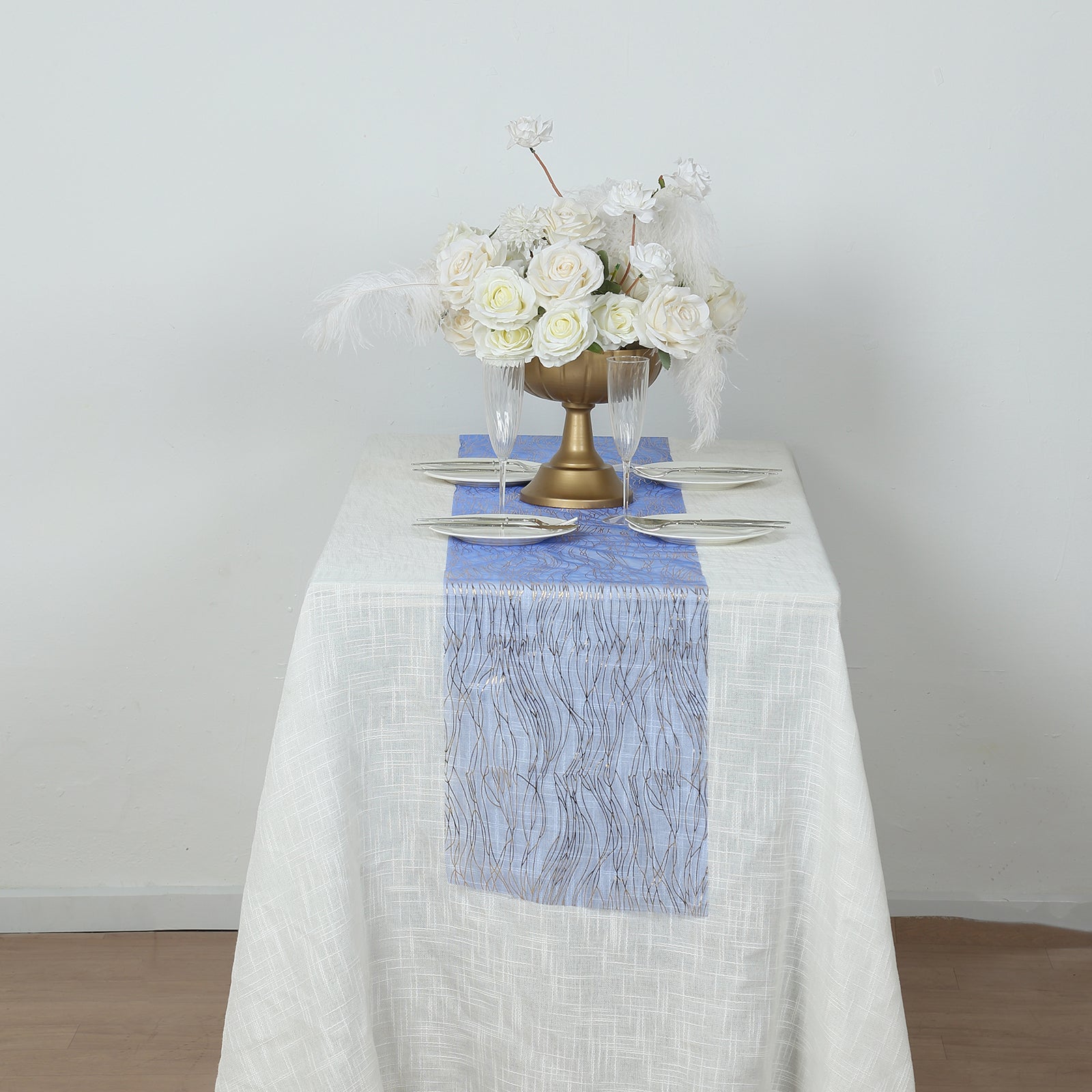 5 Pack Organza 12"x108" Table Runners Royal Blue - Gold Wave Design