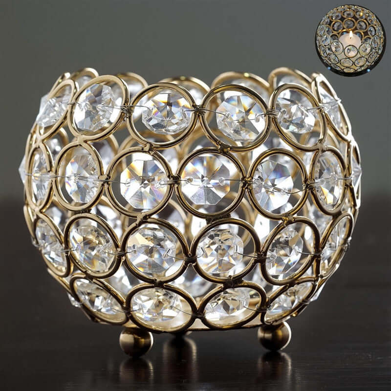 Crystal Beaded Metal Votive Tealight Holder Round Gold - Chic Multipurpose Table Vase for Events 4"