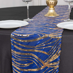 Sequin Mesh 12"x108" Table Runner Royal Blue/Gold Stylish Wave Embroidery