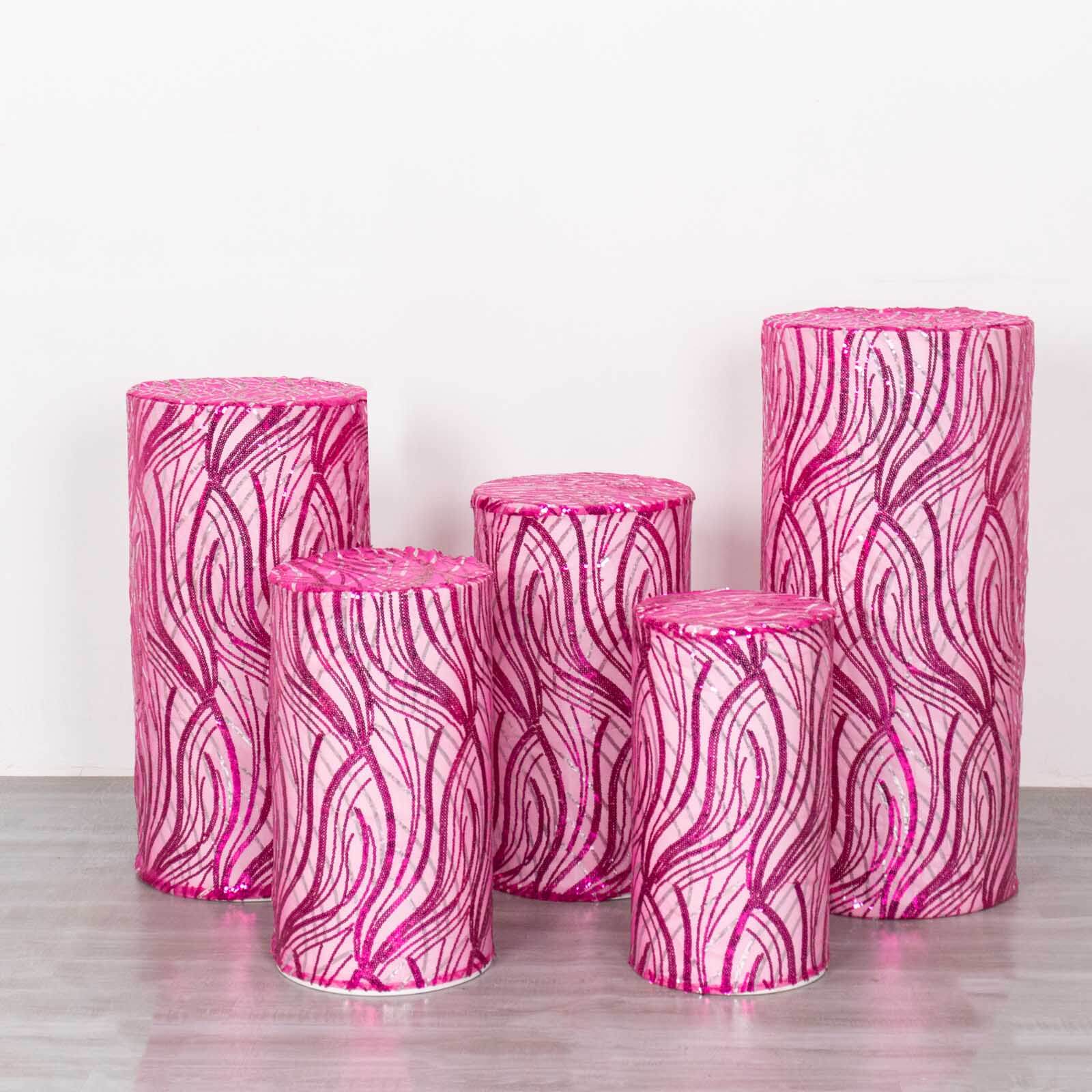 Set of 5 Fuchsia Wave Mesh Cylinder Pedestal Stand Covers with Embroidered Sequins, Pillar Prop Covers - 160 GSM