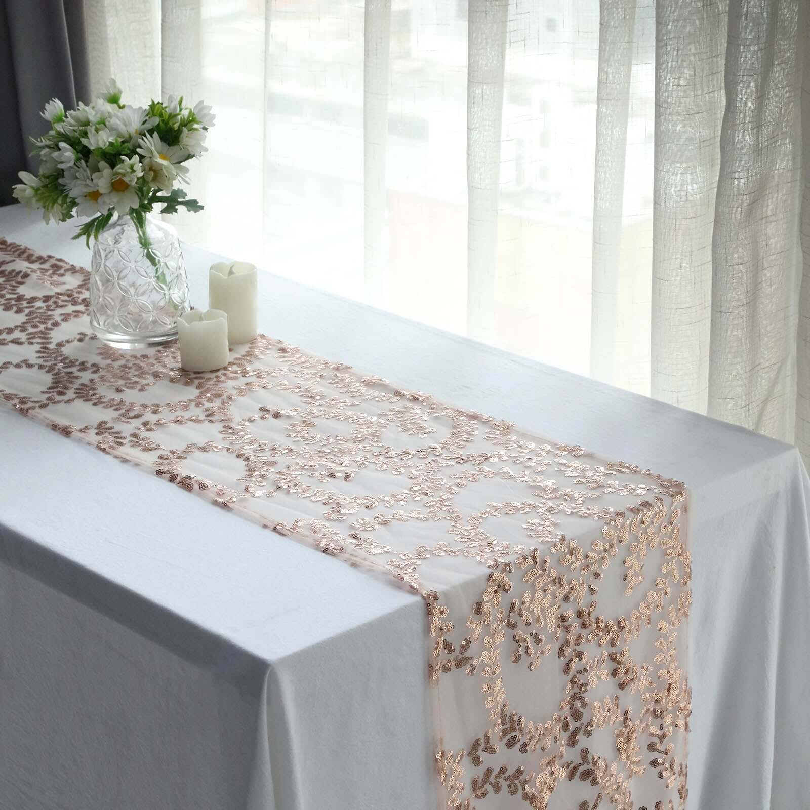 Mesh 12"x108" Table Runner Rose Gold - Leaf Vine Embroidery