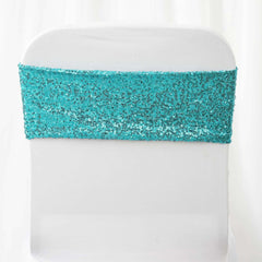 5 Pack Sequin Spandex Chair Sashes Turquoise - Stretch Chair Bands 6"x15"