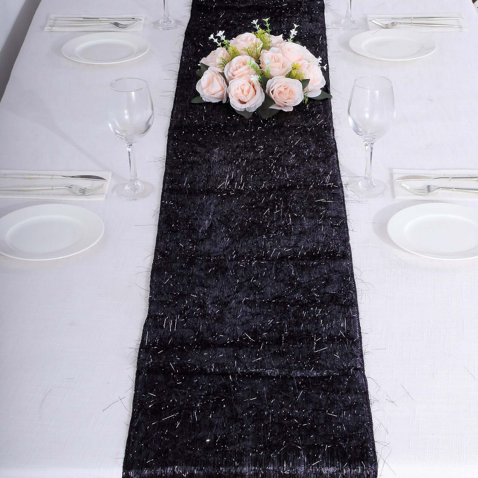 Metallic Tinsel Polyester 12"x108" Table Runner Black - Shimmery Fringe Shag Table Decor