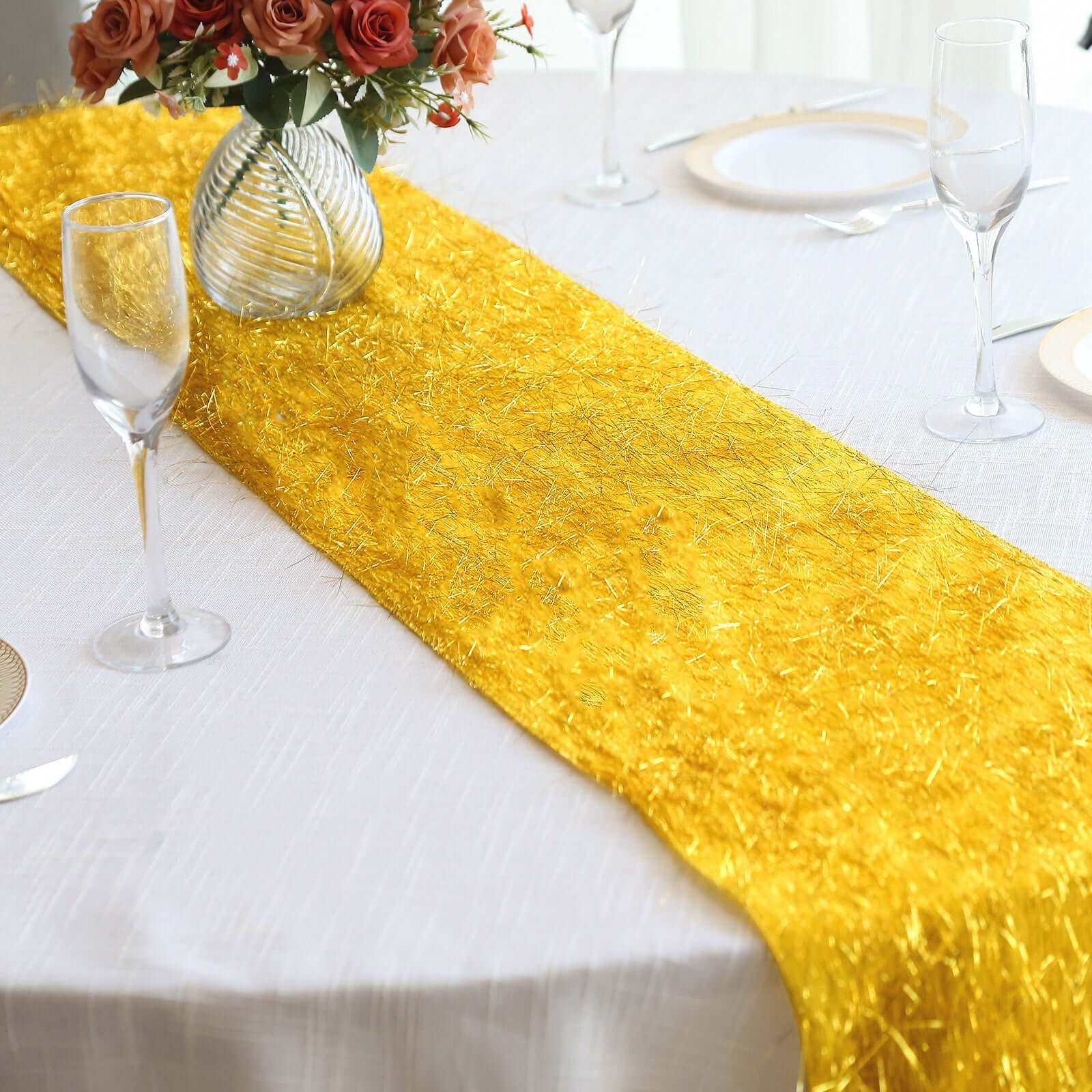 Metallic Tinsel Polyester 12"x108" Table Runner Gold - Shimmery Fringe Shag Event Table Decor