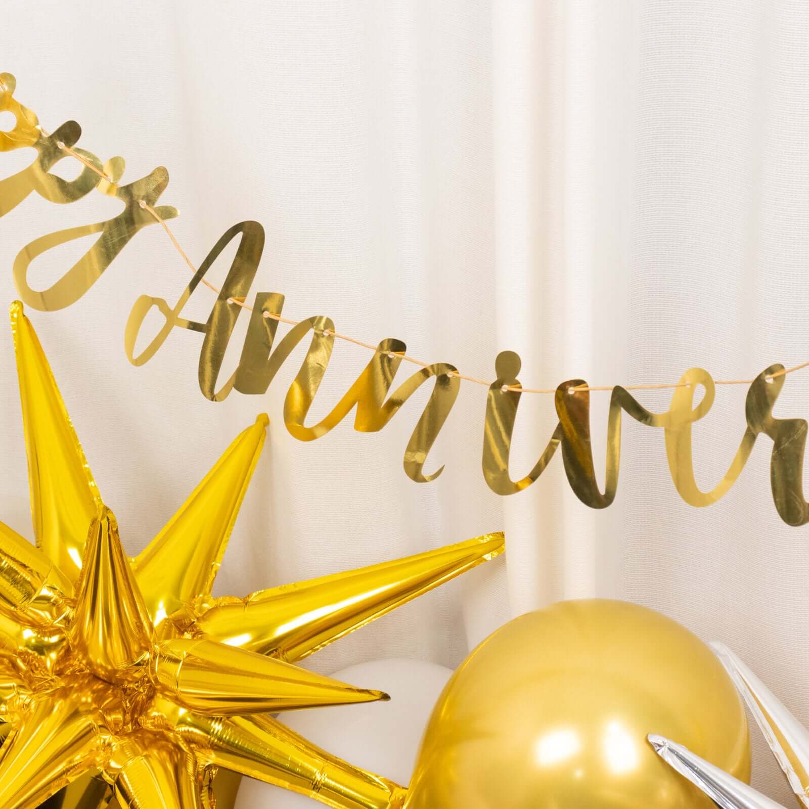 10ft Pre-Strung Metallic Gold Foil "Happy Anniversary" Banner, Party Photo Backdrop Hanging Garland - 250 GSM