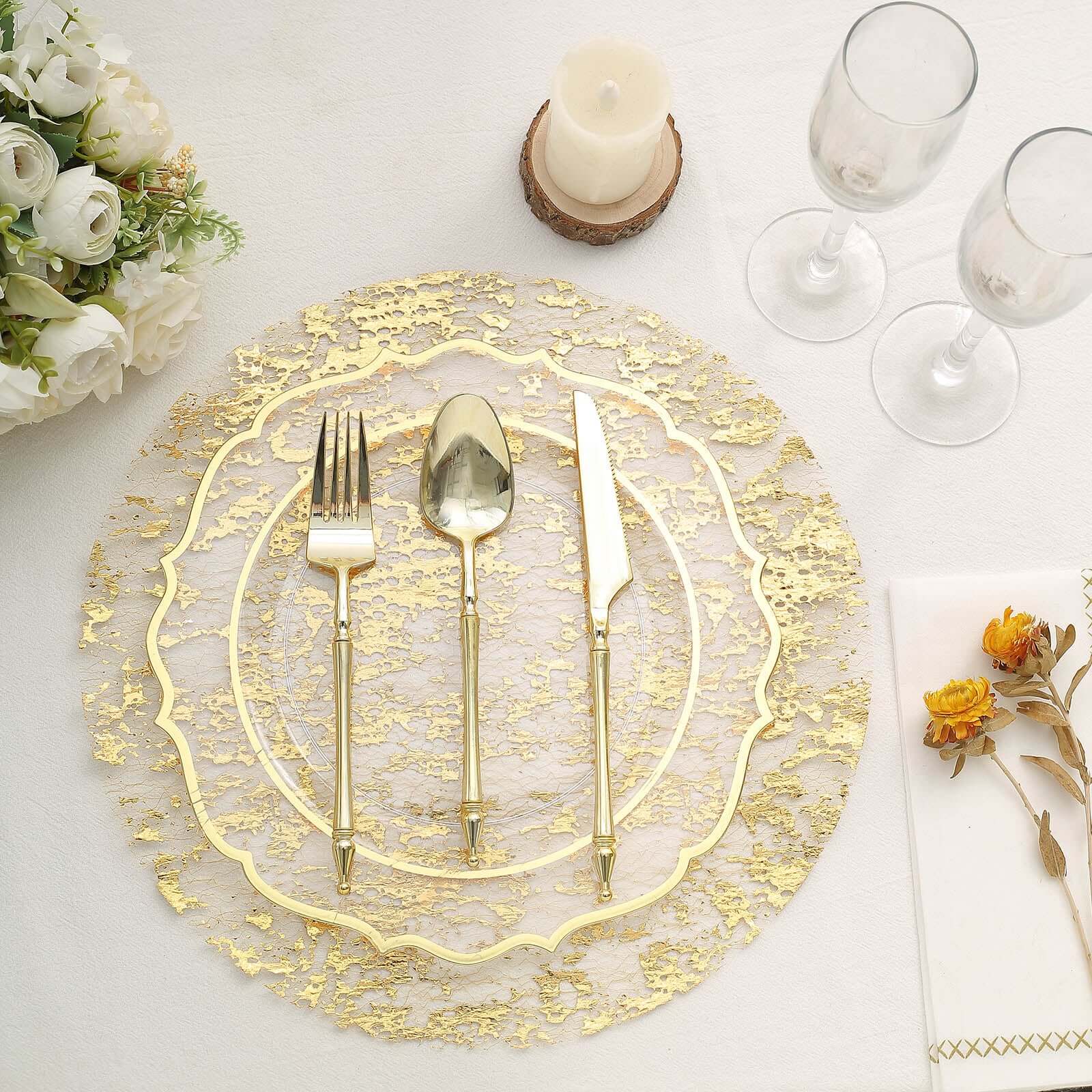 10-Pack Table Placemats Foil Design Metallic Gold Round - Mesh Disposable Shiny Dining Mats 13"