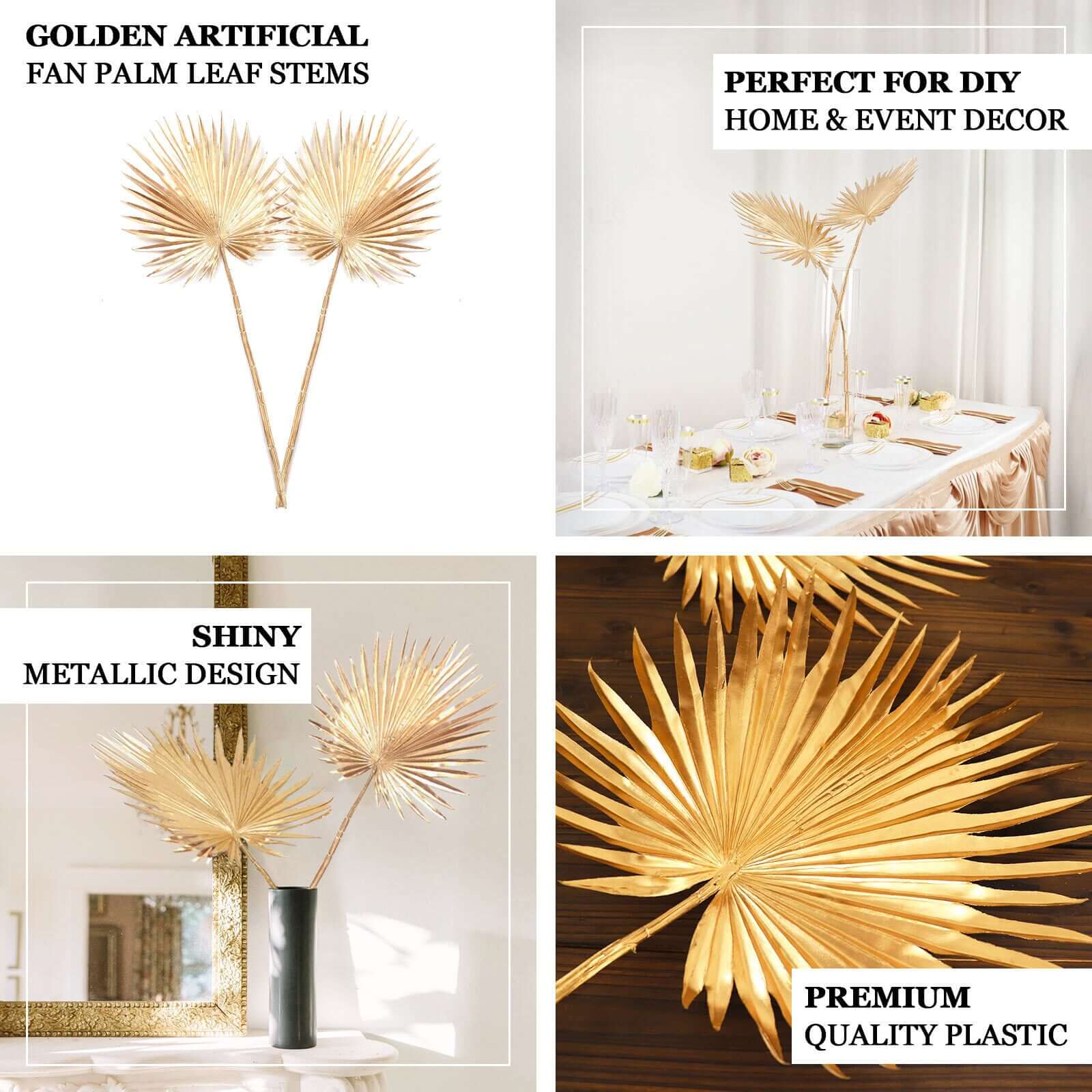 2-Pack Artificial Palm Leaf Stems Metallic Gold - Glam Tropical Faux Plant Vase Filler Floral Backdrop Table Decor 34"