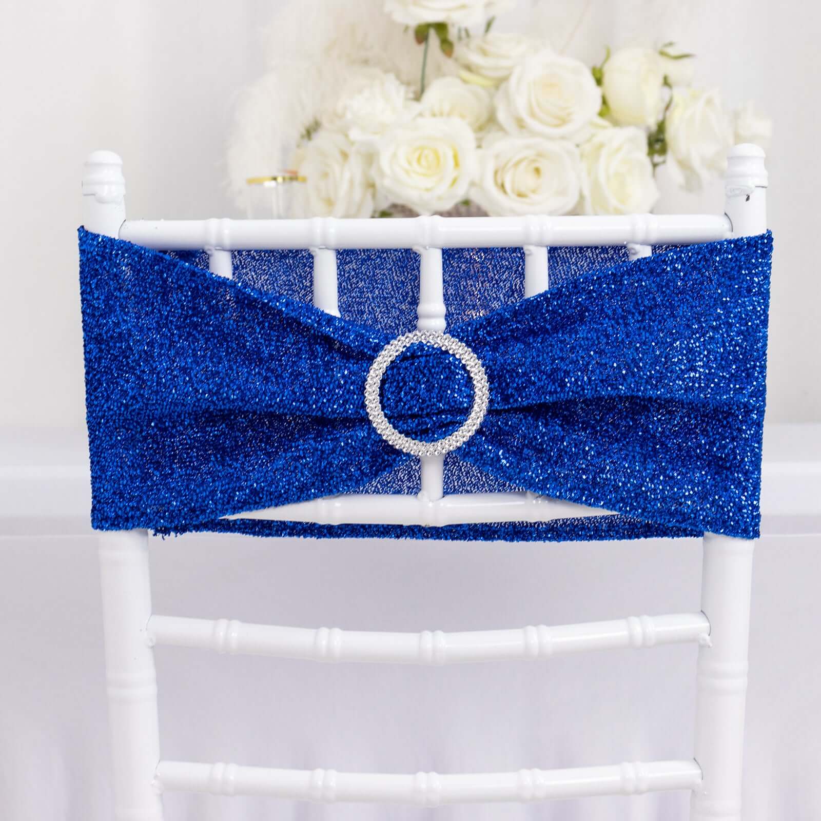 5 Pack Chair Sashes Shimmer Tinsel Spandex 5"x12" with Silver Rhinestone Buckles Royal Blue - Stylish Chair Bands