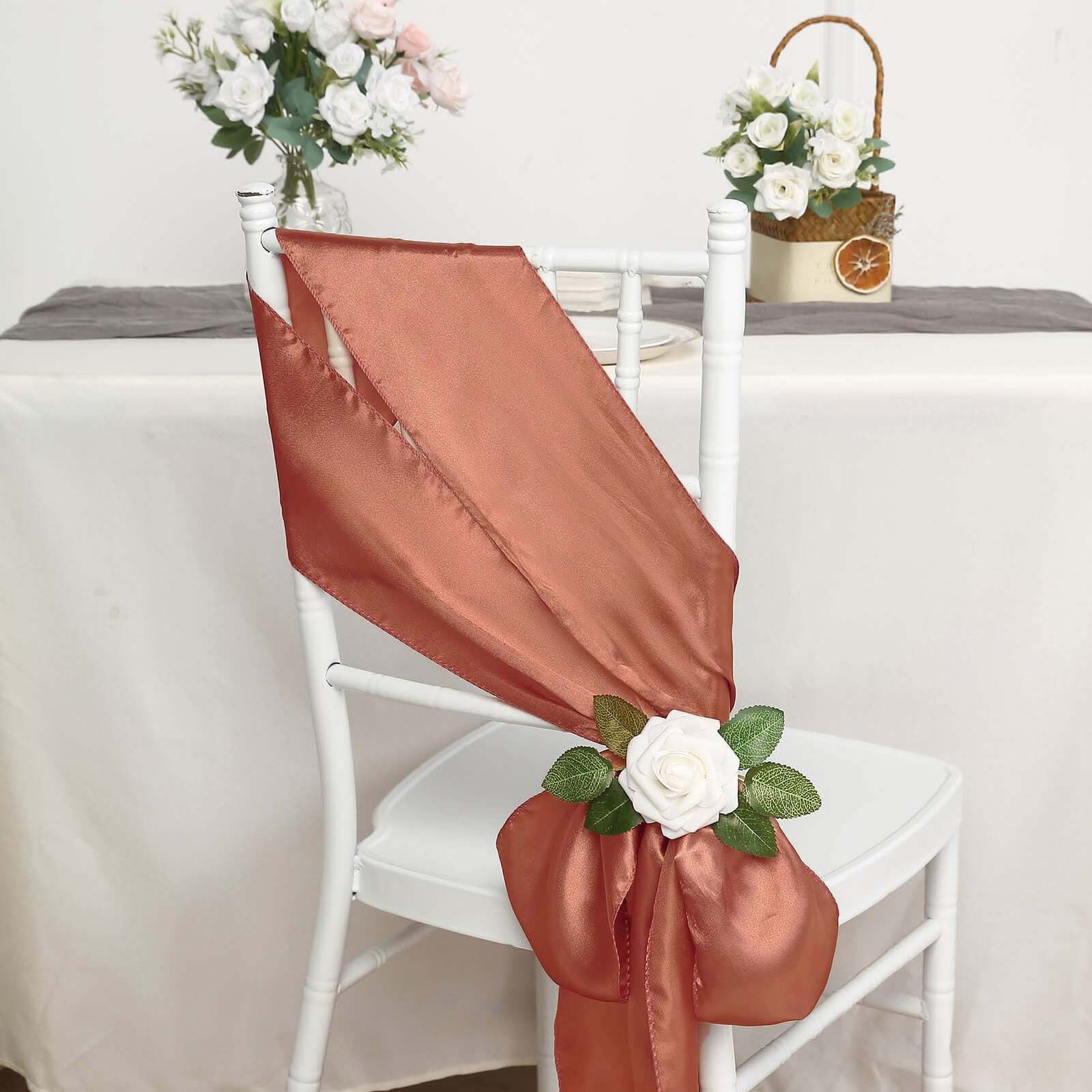 5 Pack Satin Chair Sashes Terracotta (Rust) - Durable Chair Bows with Shiny Finish 6"x106"