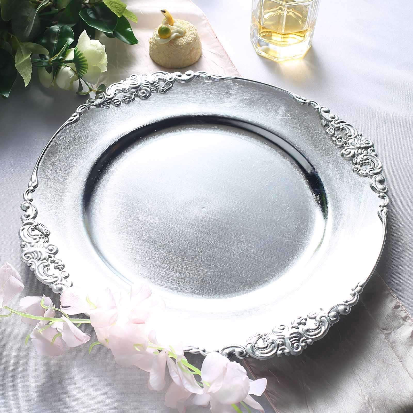 6-Pack Acrylic Round Charger Plates 13" in Silver with Embossed Baroque Rim, Antique Decorative Dinner Party Charger Tableware