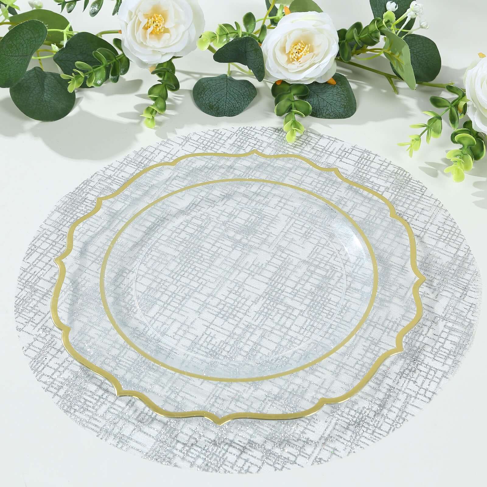 10-Pack Table Placemats Glitter Design Metallic Silver Round - Mesh Polyester Disposable Mats 13"