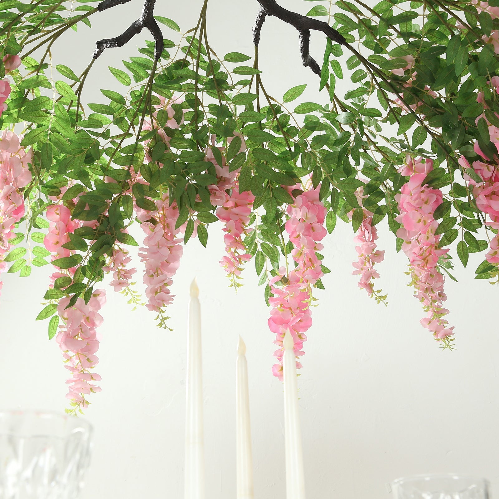 55" Artificial Silk Wisteria Vine Round Hanging Canopy Pink in & Dusty Rose, Draping Garland Flower Chandelier With Interchangeable Branches