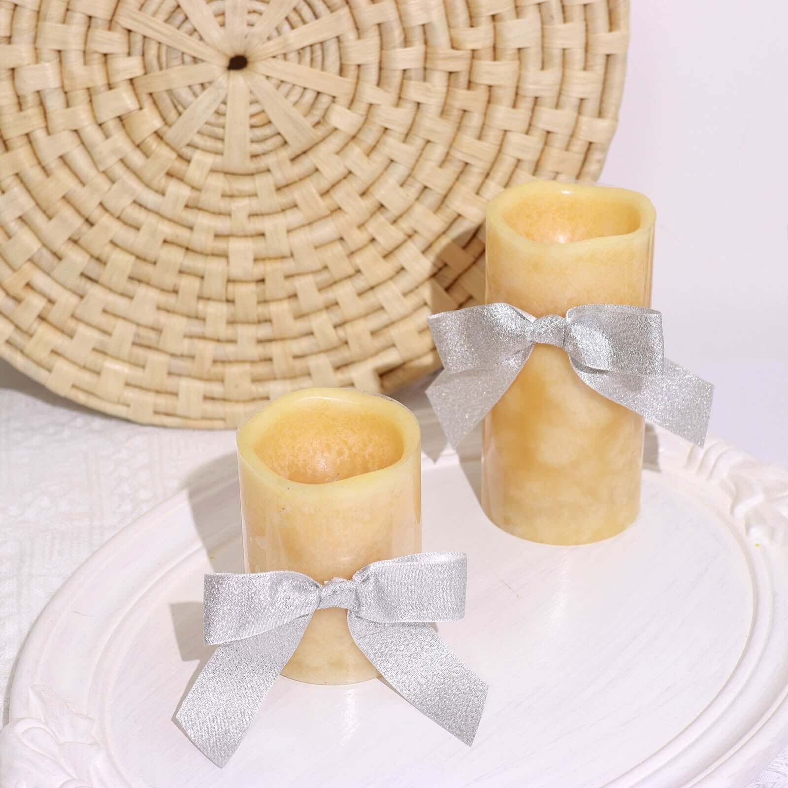 50 Pcs 4" Nylon Ribbon Bows With Twist Ties, Gift Basket Party Favor Bags Decor - Silver Glitter Design