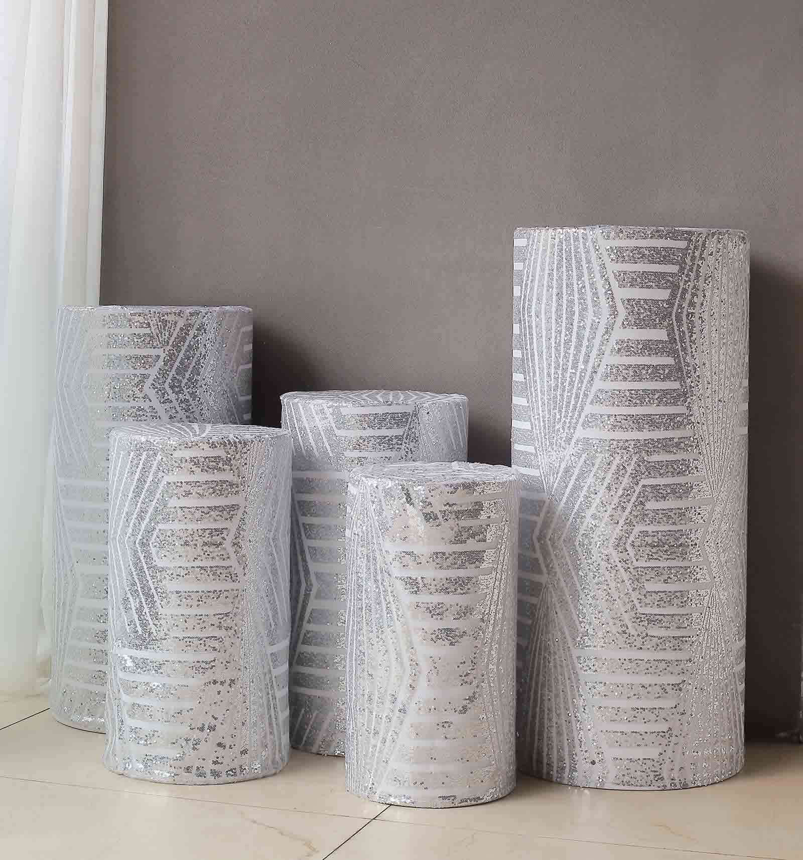 Set of 5 Silver Sequin Mesh Cylinder Pedestal Stand Covers with Geometric Pattern Embroidery, Sparkly Sheer Tulle Pillar Prop Covers