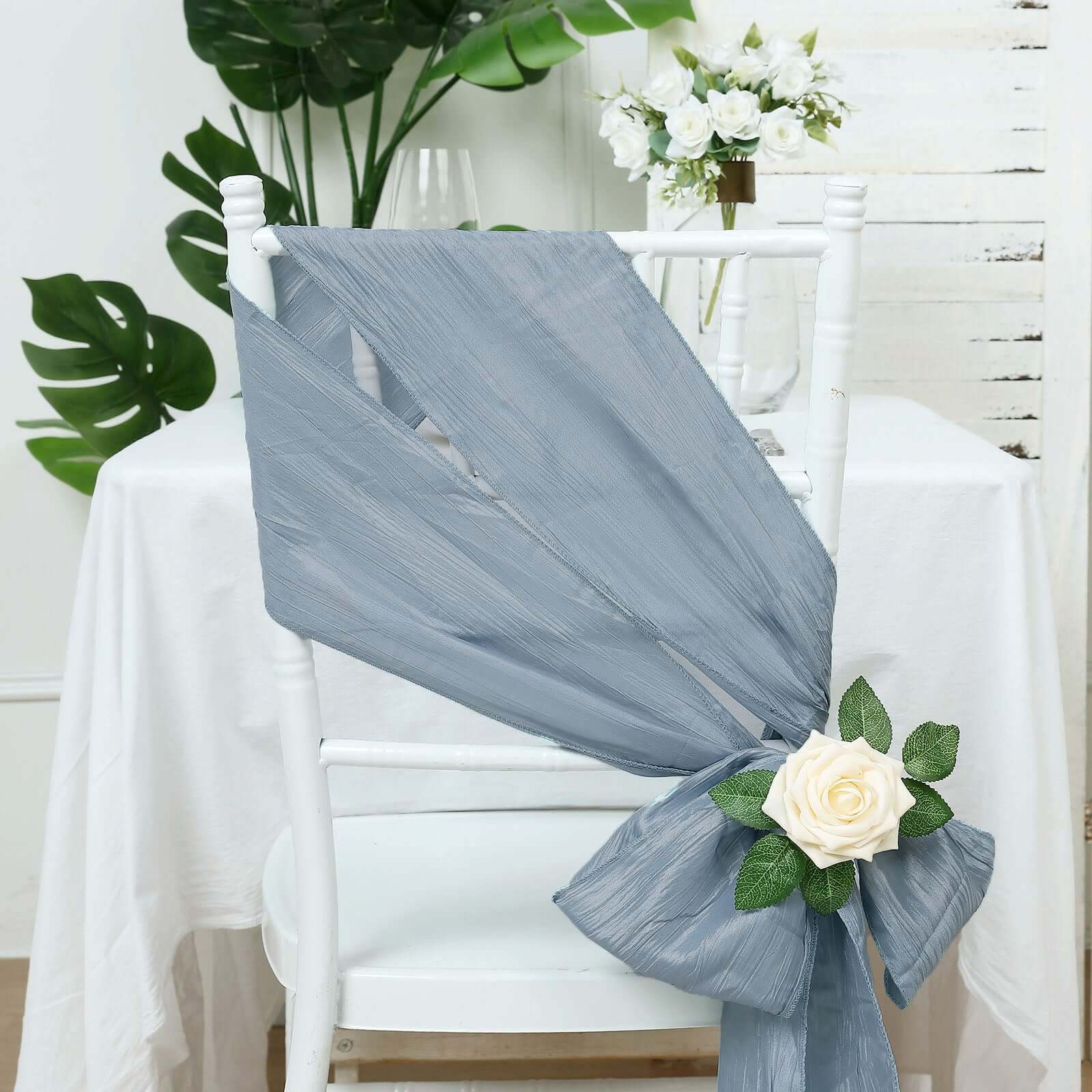 5 Pack Taffeta 6"x106" Chair Sashes Dusty Blue Accordion Crinkle Texture - Stylish Decor for Weddings & Gatherings