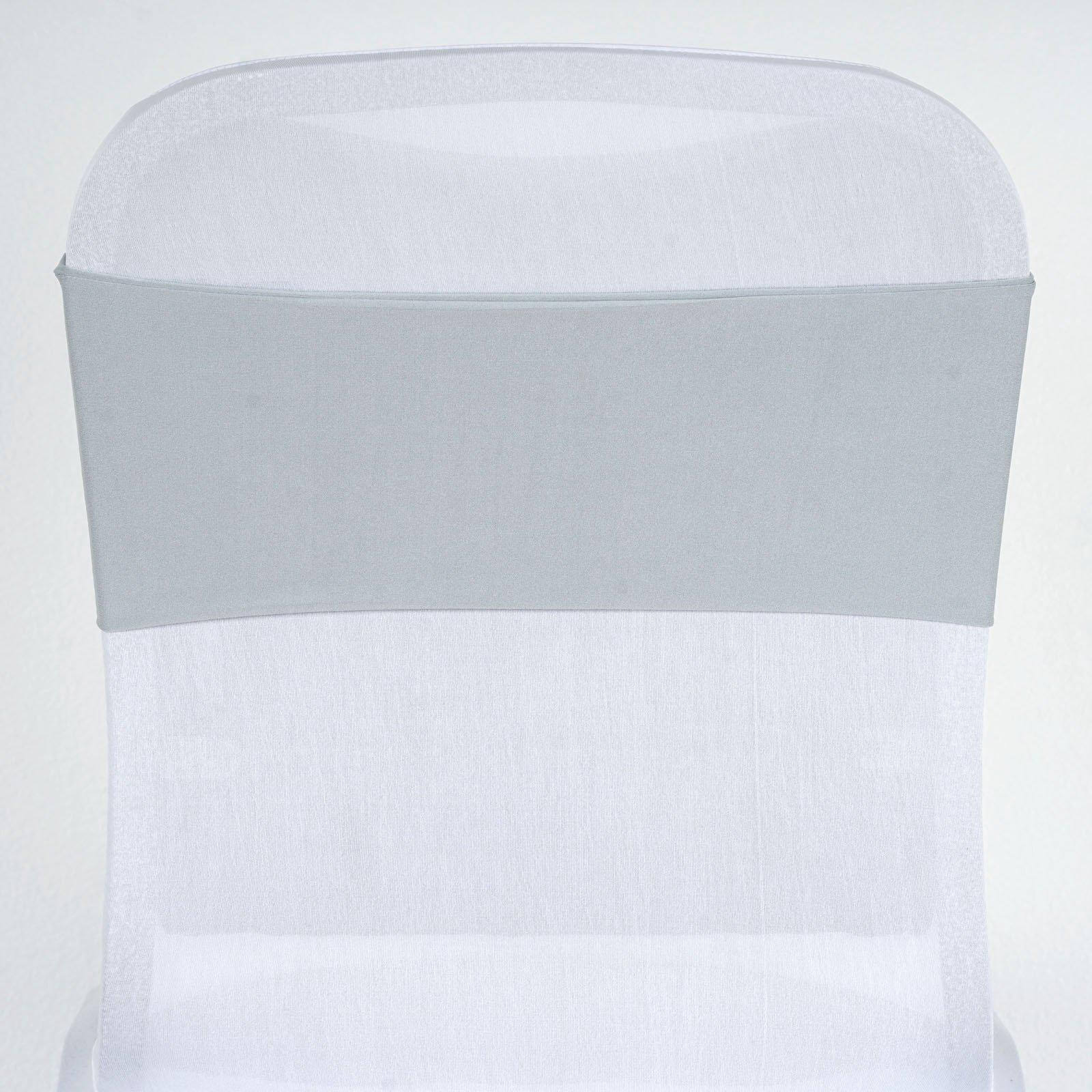 5 Pack Stretch Spandex Chair Sashes Silver - Fitted Finish Two Ply Heavy Duty Chair Bands 5"x12"