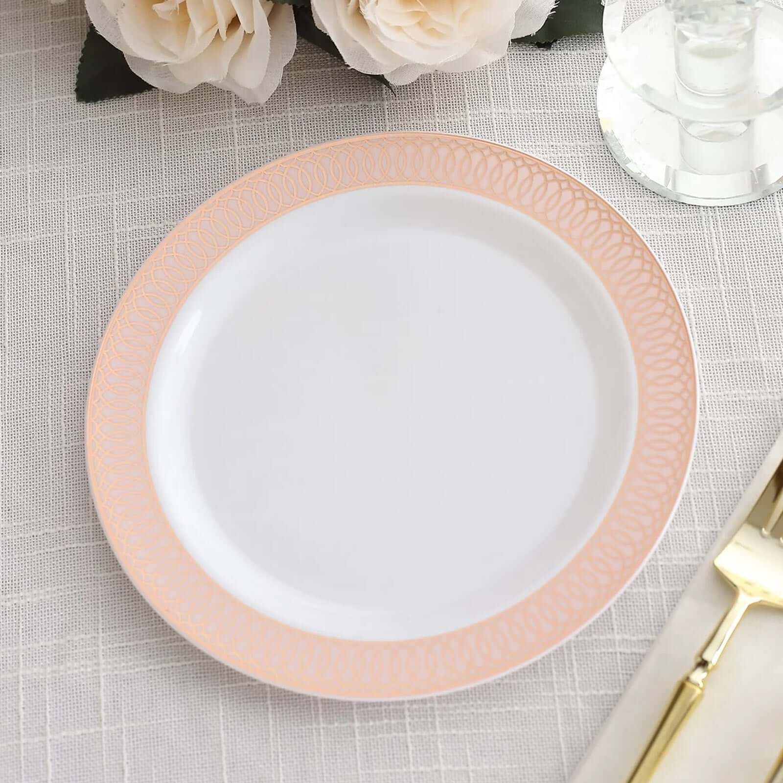 10-Pack Plastic Round Dessert Plates 7" White with Blush Rose Gold Spiral Rim - Chic Disposable Salad Plates for Events & Banquets