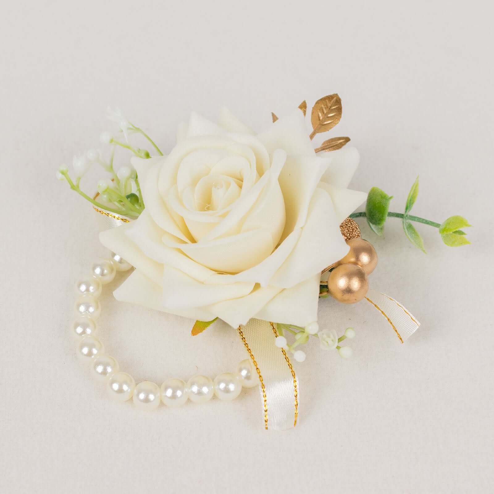2 Pack White Artificial Rose Wrist Corsages With Pearls, 4" Flower Bracelet Wedding Accessories