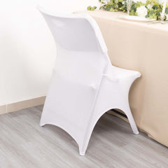 Premium Stretch Spandex Chair Cover White for Folding Chairs - Stylish 3-Way Open Arch 160GSM Fitted Slipcover with Reinforced Foot Pockets
