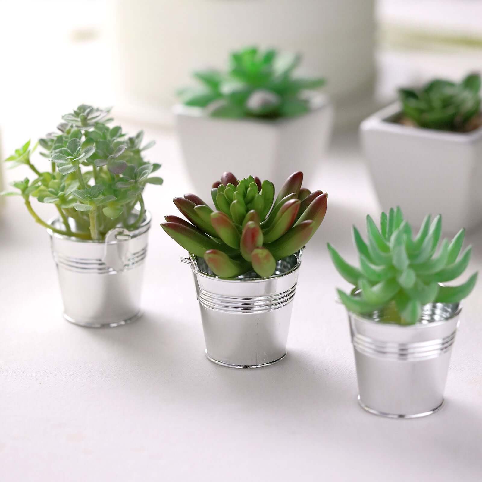 12 Pack 2" Silver Mini Planter Treat Party Favor Boxes, Small Pail Bucket Candy Container Gift Boxes