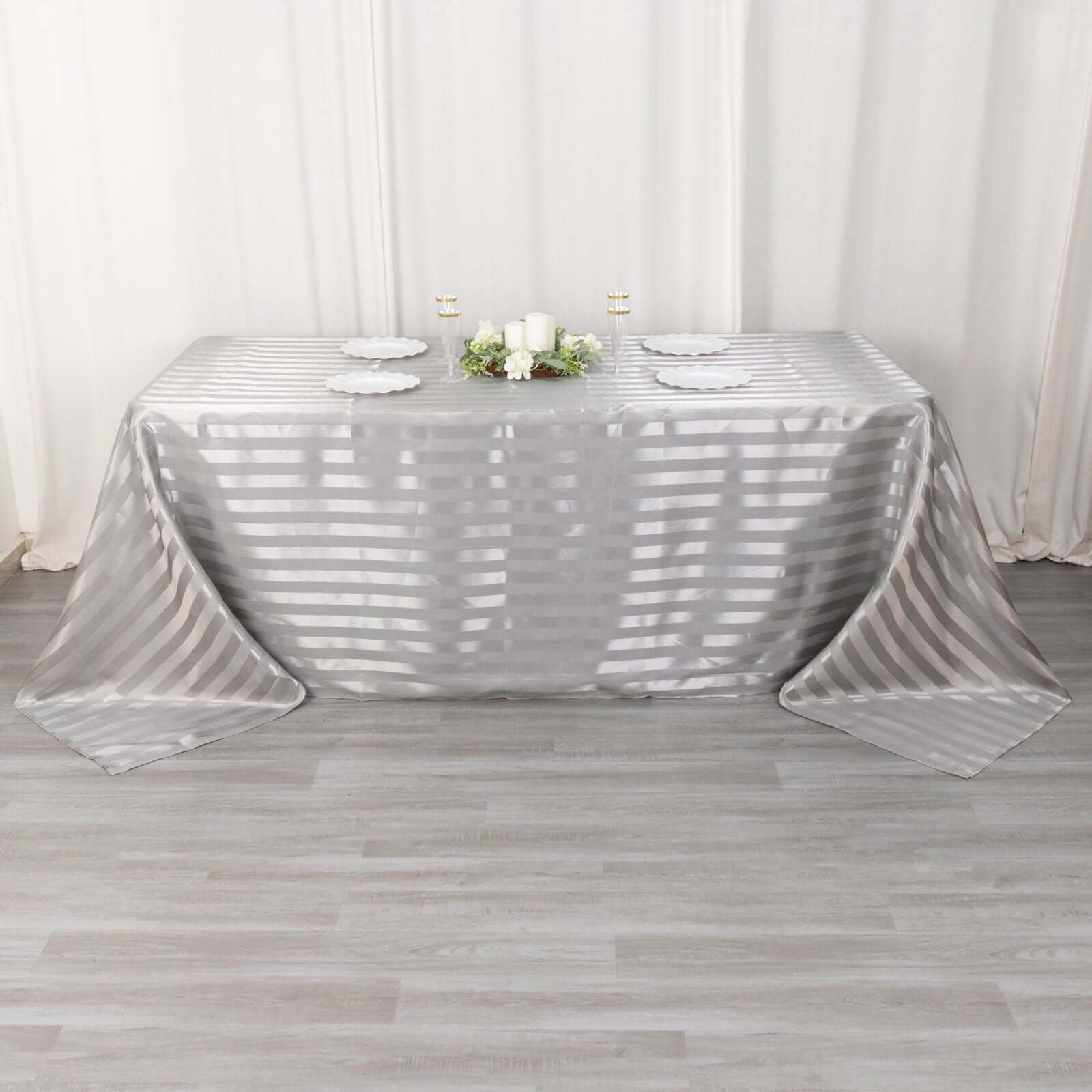 Satin Striped 90"x132" Rectangular Tablecloth Silver - Seamless Silky Smooth Table Cover