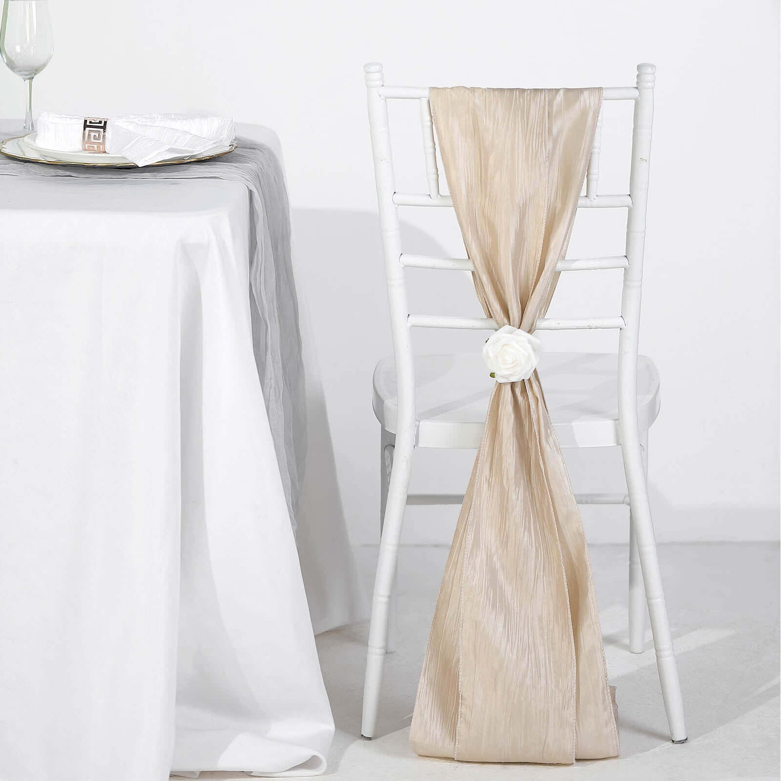 5 Pack Taffeta 6"x106" Chair Sashes Beige Accordion Crinkle Texture - Stylish Decor for Weddings & Gatherings