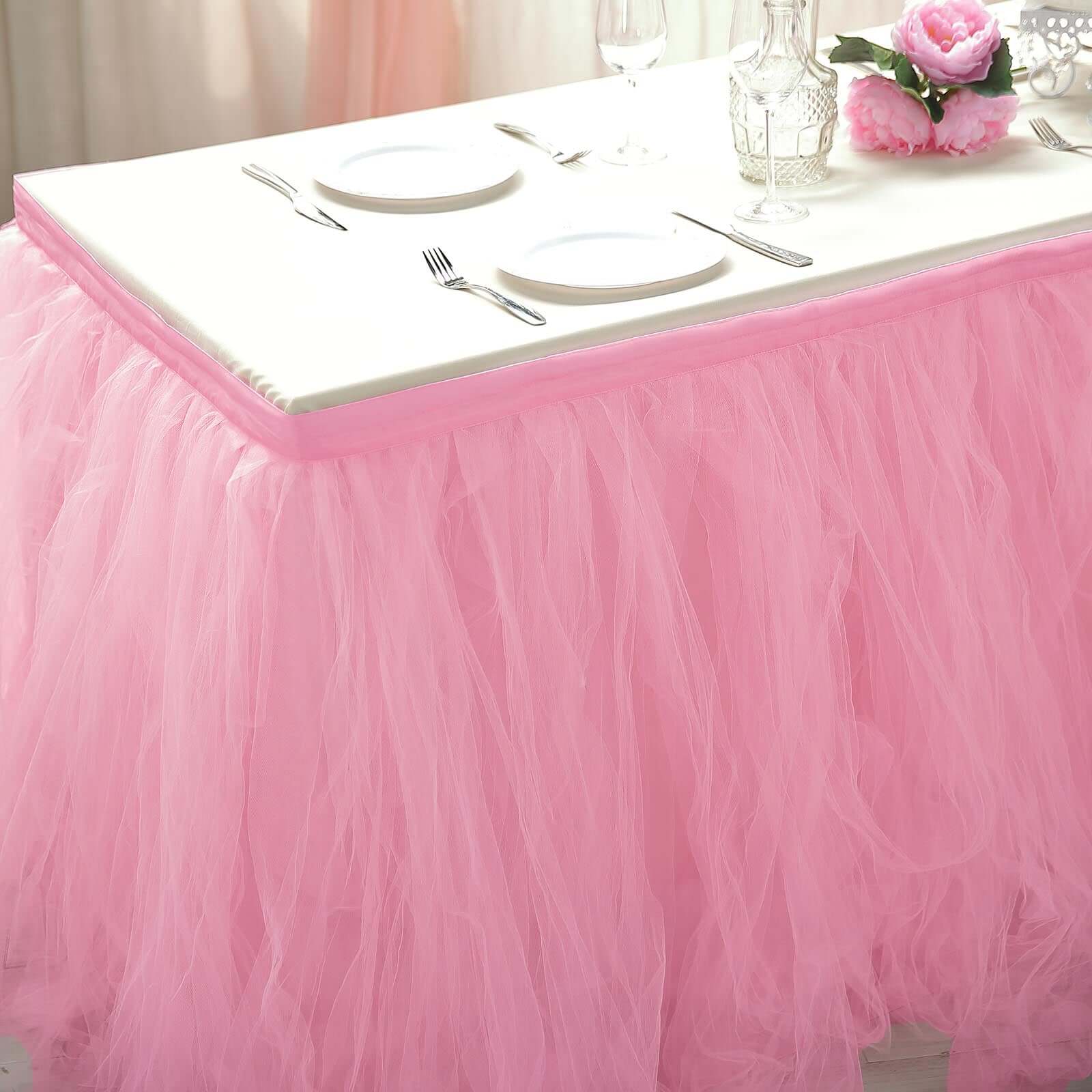 Tulle 17ft Table Skirt Pink/Rose Quartz - 4 Layer Pleated Tutu Table Cover